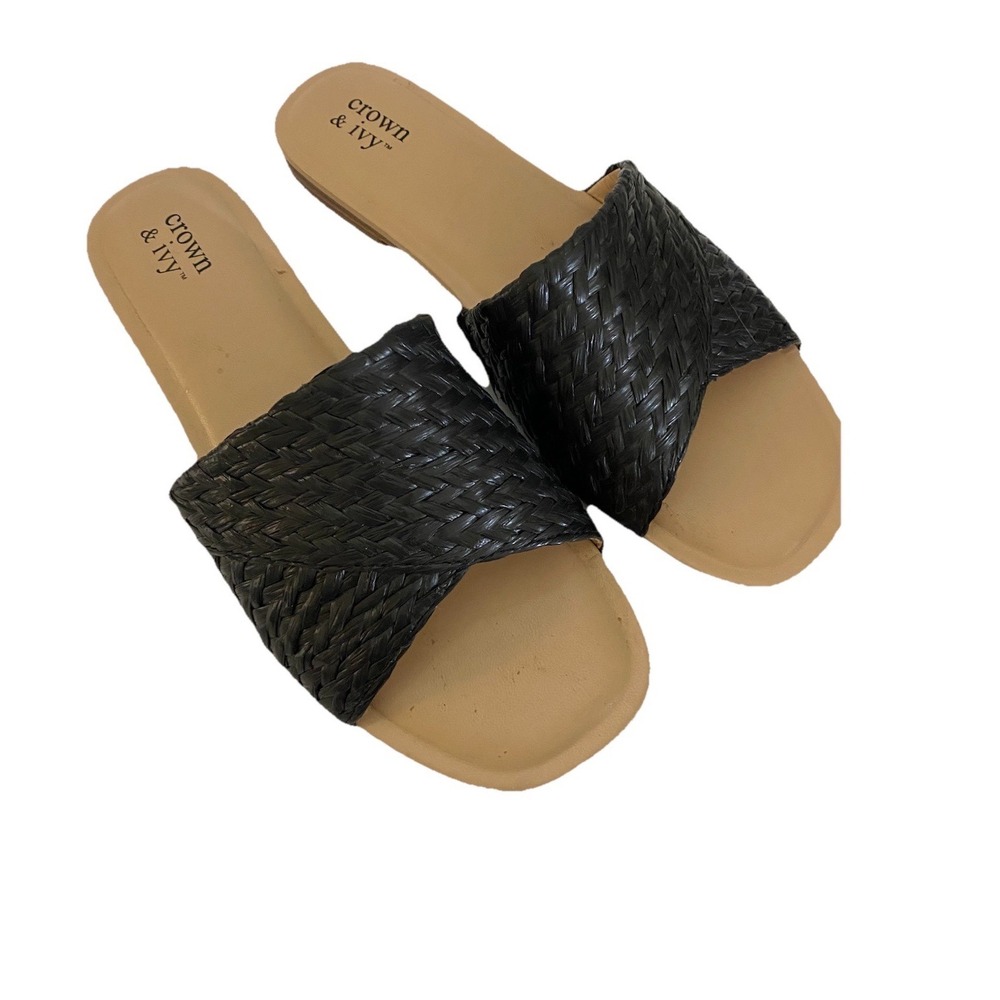 Cottagecore Crown &‎ Ivy Patsie Slide Sandals Black Sz 7  Raffia Braided